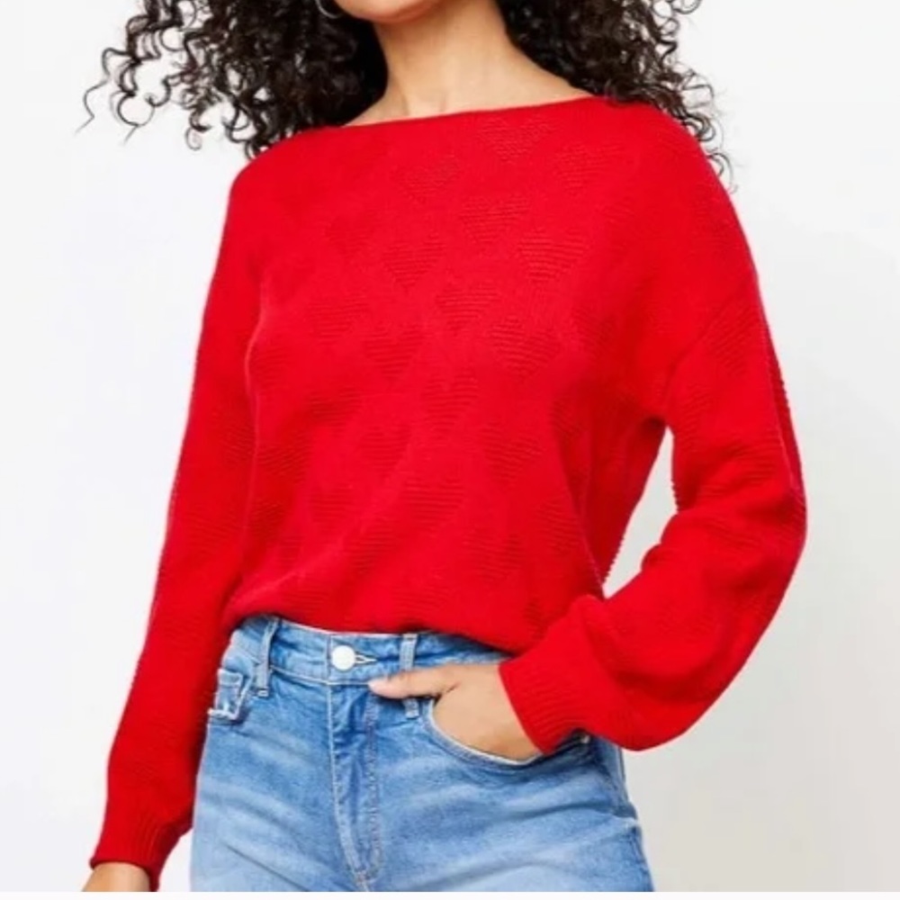 Loft heart print bateau neck‎ pullover sweater balloon long sleeve cotton red